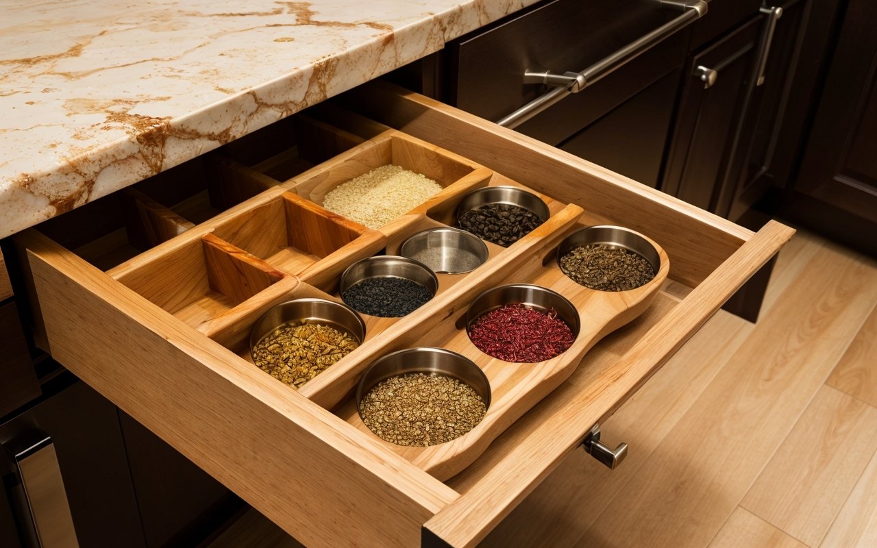 Минимализм в кухне: скрытые ящики для специй в столешнице с магнитным креплением 1 Минимализм в кухне: скрытые ящики для специй в столешнице с магнитным креплением