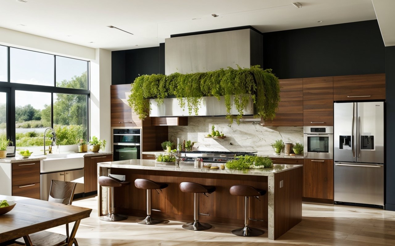 Кухонные острова с интегрированными вертикальными садами для свежих трав и микрозелени 1 Кухонные острова с интегрированными вертикальными садами для свежих трав и микрозелени