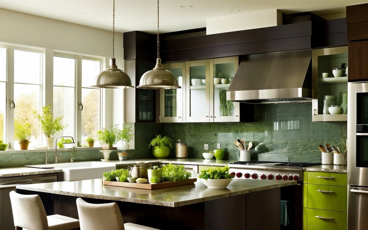 Интеграция зелёных растений в кухонный дизайн для улучшения атмосферы и свежести — необычные идеи для фартуков и декора 1 Интеграция зелёных растений в кухонный дизайн для улучшения атмосферы и свежести — необычные идеи для фартуков и декора
